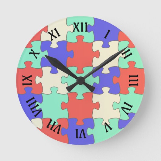 おもしろいローマ数字、ジグソーカラフルパズルピース ラウンド壁時計 (正面)