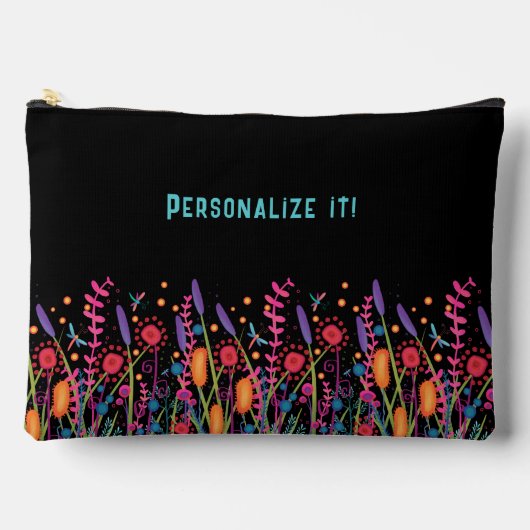 おもしろいワイルドフラワーズブラックフローラ名前をカスタムする アクセサリーポーチ (正面)