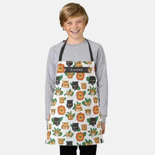 おもしろいワイルド大きな猫パターン名の追加 エプロン (着用した状態)