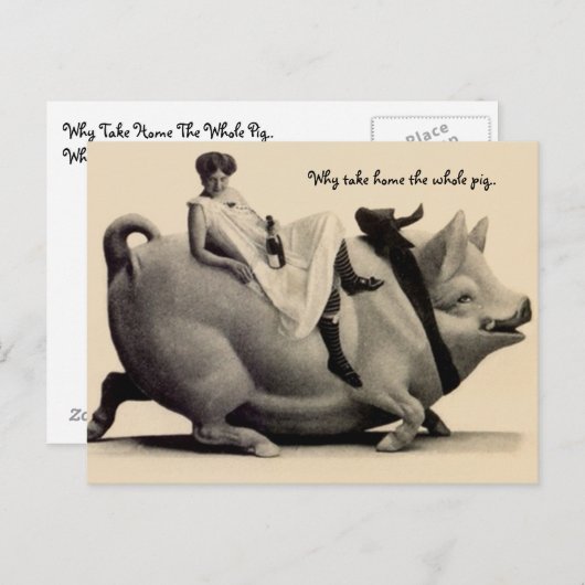 おもしろいヴィンテージに乗った豚のはがきの女性はなぜ連れて行くか ポストカード (正面/裏面)