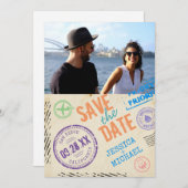 おもしろいヴィンテージエアメール切手タイポグラフィ写真 セーブザデート (正面/裏面)