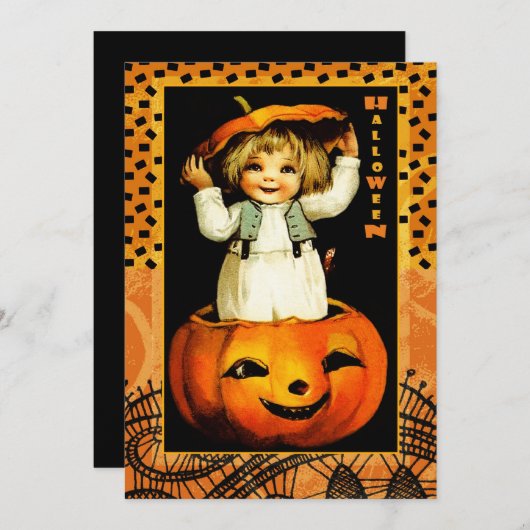 おもしろいヴィンテージキッドハローウィンパーティ 招待状 (正面/裏面)