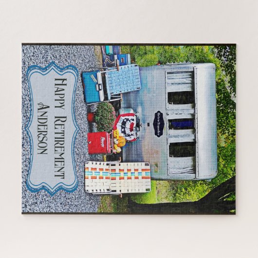 おもしろいヴィンテージキャンパートレーラーハッピーリタイア ジグソーパズル (横)