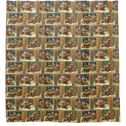 おもしろいヴィンテージサンタインロードスターとオートバイ シャワーカーテン (正面)