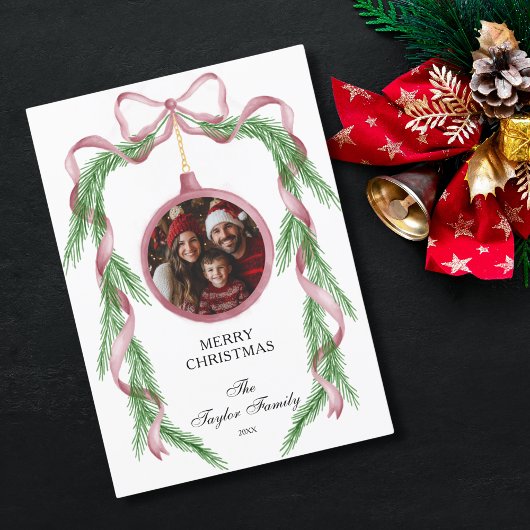 おもしろいヴィンテージフォトピンクリボンメリークリスマス 招待状