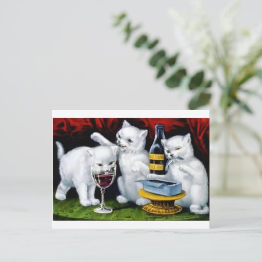 おもしろいヴィンテージ猫パーティーとワイン ポストカード (スタンド正面)