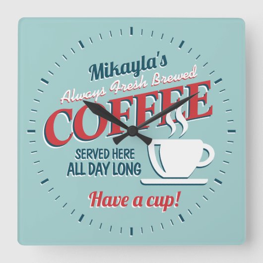おもしろいヴィンテージ生醸造コーヒーパーソナライズされた スクエア壁時計 (正面)
