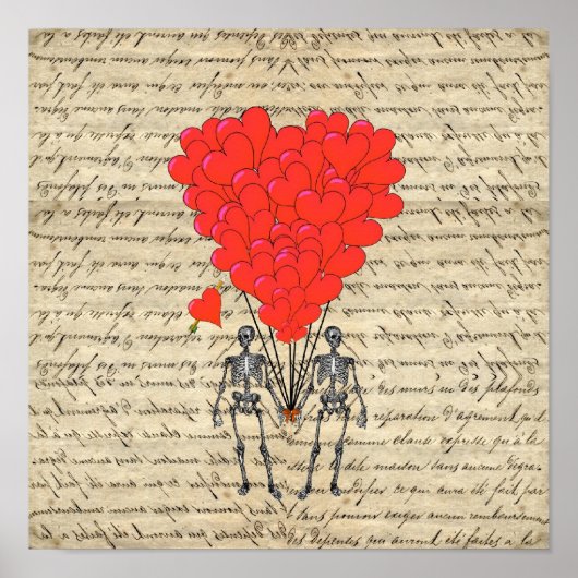 おもしろいヴィンテージ骨格と赤いハート ポスター (正面)