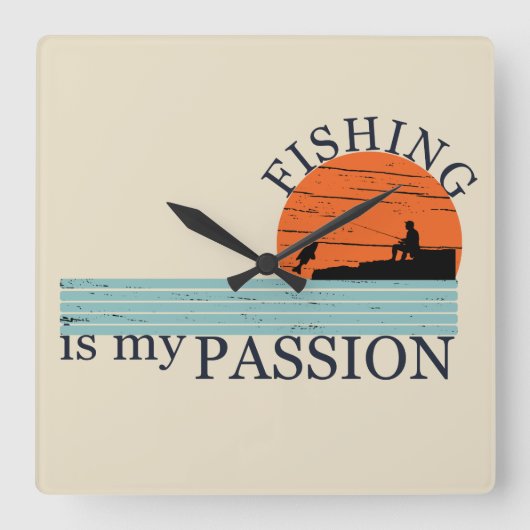 おもしろいヴィンテージ魚釣り愛好家 スクエア壁時計 (正面)