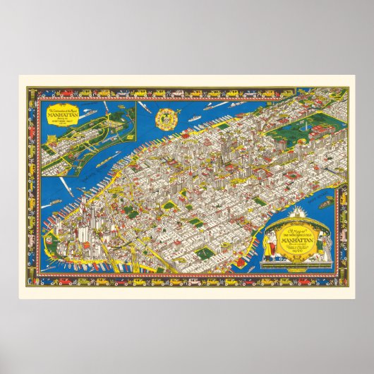 おもしろいヴィンテージ1926復元絵文字マンハッタンマップ ポスター (正面)