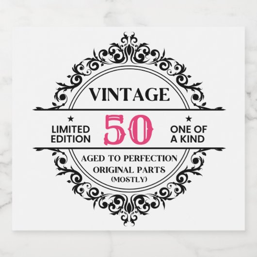 おもしろいヴィンテージ50thブラックおよびピンクの誕生日ノベルティ リキュールボトルラベル (シングルラベル)