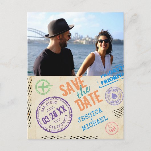 おもしろいヴィンテージAirmailタイポグラフィ写真の保存日付 インビテーションポストカード (正面)