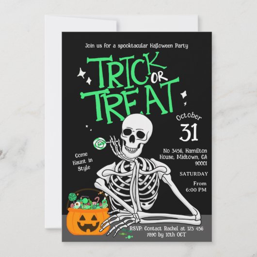 おもしろい不気味スケルトンのトリックまたはトリートハローウィンパーティ 招待状 (正面)