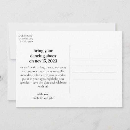 おもしろい予測できなデザイン日付の更結婚新を保存 招待状 (裏面)