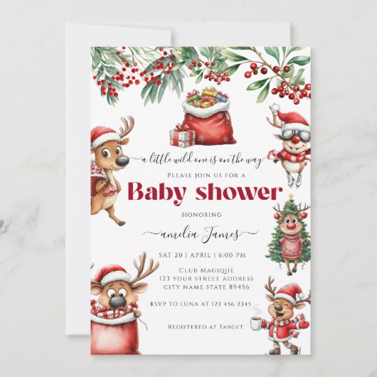 おもしろい予測できなChristmas Reindeer Baby Shower 招待状 (正面)
