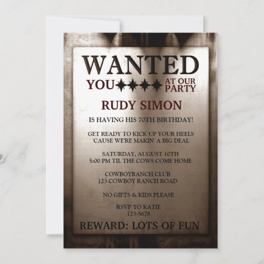 おもしろい保安官指名手配警官の誕生日 招待状 (正面)