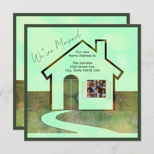 おもしろい写真と鳥の引っ越しましたホームのお知らせ (正面/裏面)