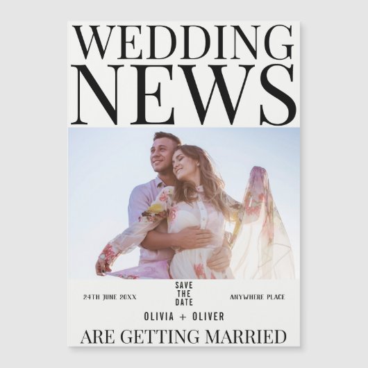 おもしろい写真ユニーク新聞の結婚式の日付を保存 マグネット招待状 (正面)