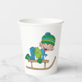 おもしろい冬そり少年かわいい雪の冒険 紙コップ (正面)