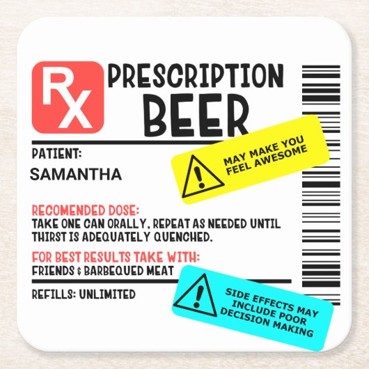 おもしろい処方ビール警告のラベルのパーソナライズ スクエアペーパーコースター (正面)