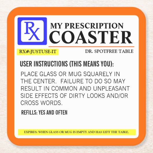 おもしろい処方ラベル スクエアペーパーコースター (正面)
