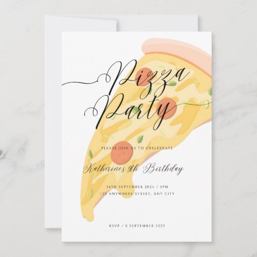 おもしろい切れ!水彩ピザパーティー誕生日 招待状 (正面)