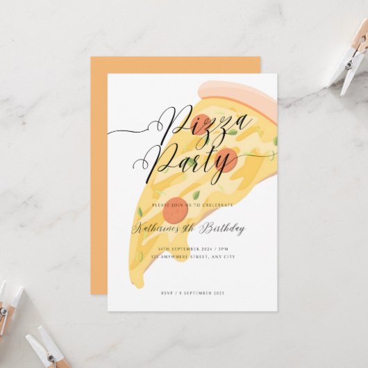おもしろい切れ!水彩ピザパーティー誕生日 招待状 (正面/裏面インサイチュ)