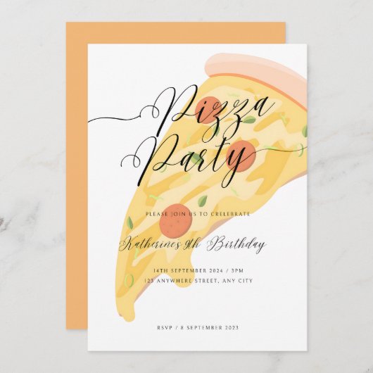 おもしろい切れ!水彩ピザパーティー誕生日 招待状 (正面/裏面)