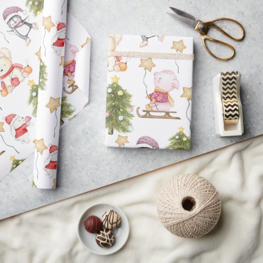 おもしろい動物が木を咲かせるクリスマス ラッピングペーパー (クラフト)
