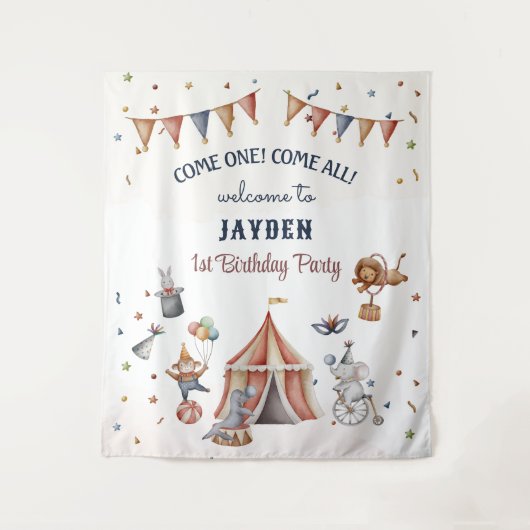 おもしろい動物サーカスパレード子供の誕生日背景 タペストリー (正面)