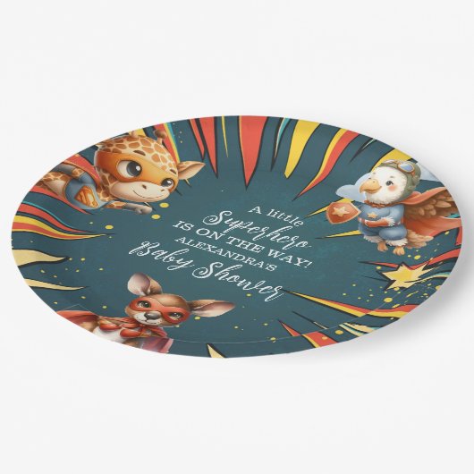 おもしろい動物スーパーヒーローベビーシャワー ペーパープレート (アングル)