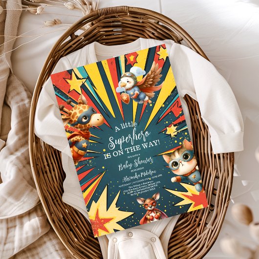 おもしろい動物スーパーヒーローベビーシャワー 招待状