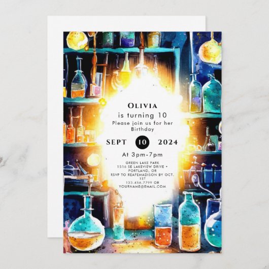 おもしろい化学科学者誕生日 招待状 (正面/裏面)