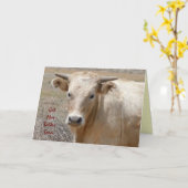 おもしろい十分かわいく白い牛を-牧場か農場得て下さい カード (黄色い花)
