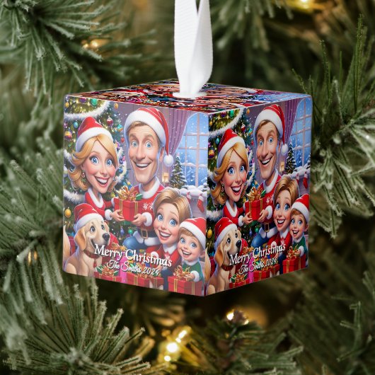 おもしろい可愛い家族モダン写真クリスマス キューブオーナメント (ツリー)