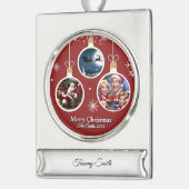 おもしろい可愛い家族モダン写真クリスマス シルバープレートバナーオーナメント (左)