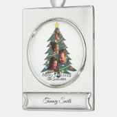 おもしろい可愛い家族モダン写真クリスマス シルバープレートバナーオーナメント (左)