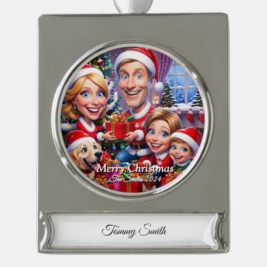 おもしろい可愛い家族モダン写真クリスマス シルバープレートバナーオーナメント (正面)
