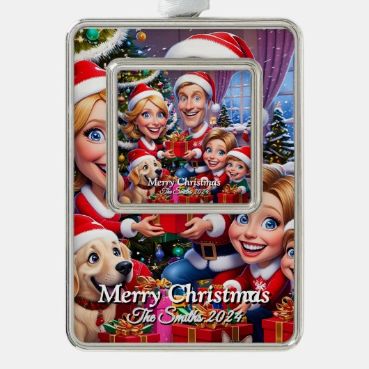 おもしろい可愛い家族モダン写真クリスマス シルバープレートフレームオーナメント (正面)