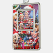 おもしろい可愛い家族モダン写真クリスマス シルバープレートフレームオーナメント (左)