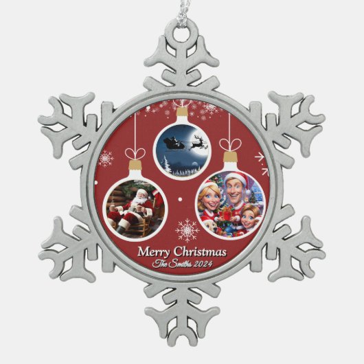 おもしろい可愛い家族モダン写真クリスマス スノーフレークピューターオーナメント (正面)