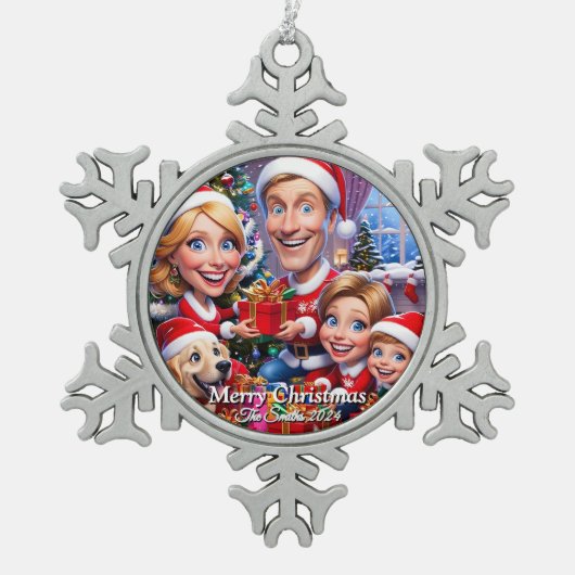おもしろい可愛い家族モダン写真クリスマス スノーフレークピューターオーナメント (正面)