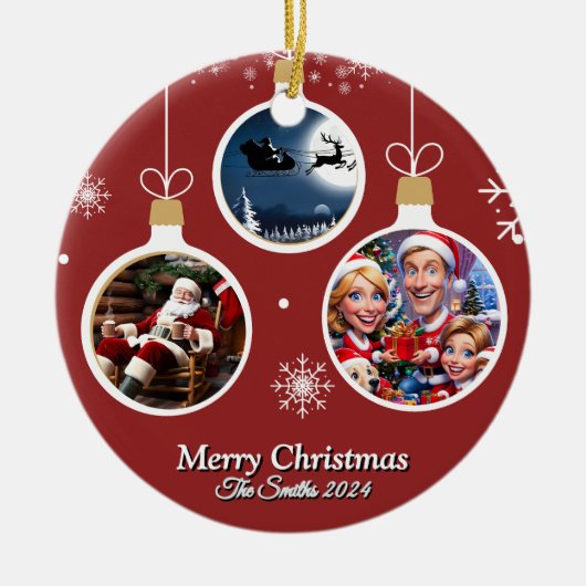 おもしろい可愛い家族モダン写真クリスマス セラミックオーナメント (正面)