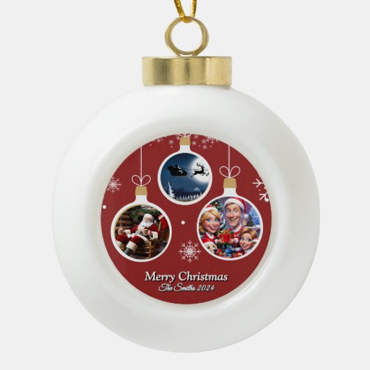 おもしろい可愛い家族モダン写真クリスマス セラミックボールオーナメント (正面)