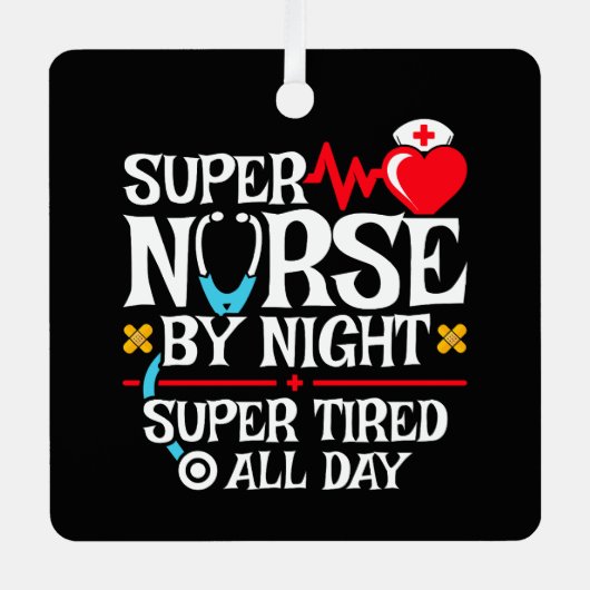 おもしろい可愛い疲すごいれたナースデイナイトシフト メタルオーナメント (正面)