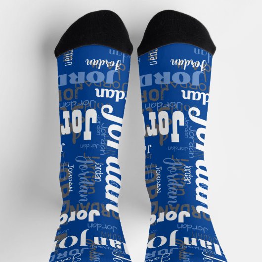 おもしろい名前をカスタムするダークブルーホワイトメンズ ソックス (上部)