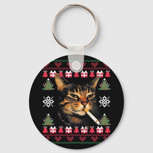おもしろい喫煙猫ミーム ダサいクリスマススウェーター 女性用 キーホルダー (正面)