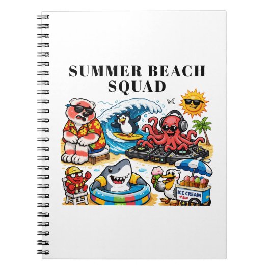 おもしろい夏のビーチパーティーの動物たち - DJタコ＆ス ノートブック (正面)