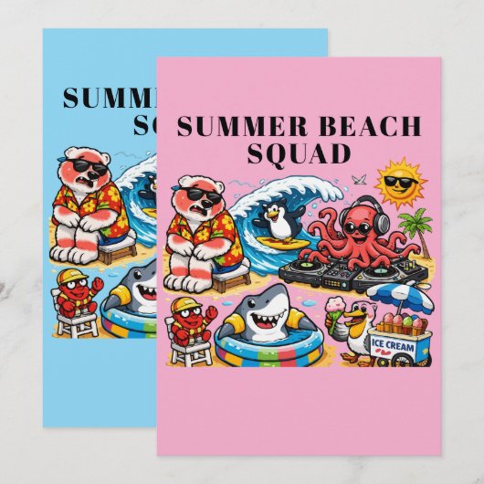 おもしろい夏のビーチパーティーの動物たち - DJタコ＆ス 招待状 (正面/裏面)