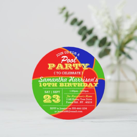 おもしろい夏ビーチボールプールパーティー任意の年齢誕生日 招待状 (スタンド正面)
